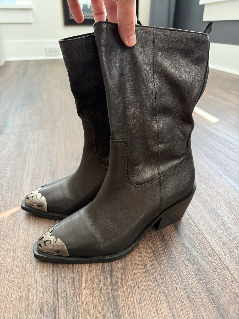We The Free Black Leather Western Heeled Boots with Silver Toe Caps